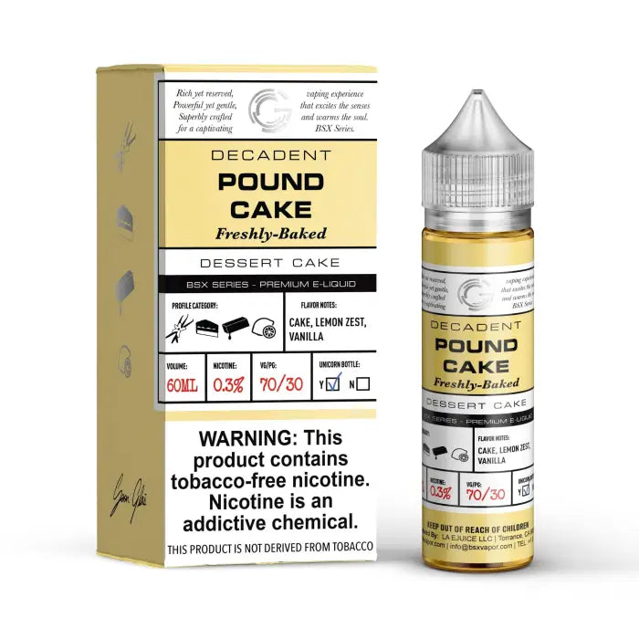 E-liquid bottle and packaging for ’Decadent Pound Cake’ flavored vape juice.