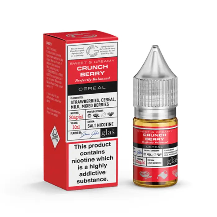 E-liquid bottle and packaging for ’Crunch Berry’ flavored vape juice.