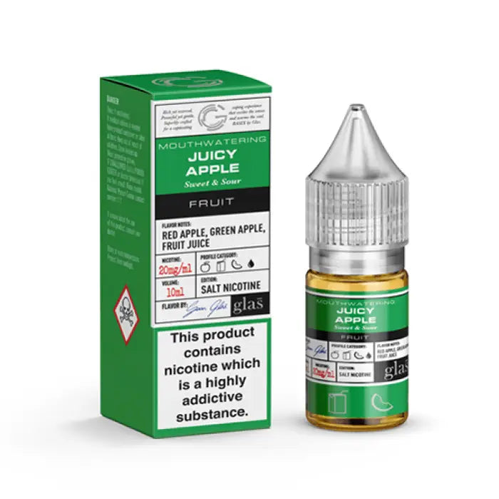 E-liquid bottle and packaging for ’Juicy Apple’ flavored vape juice containing nicotine.