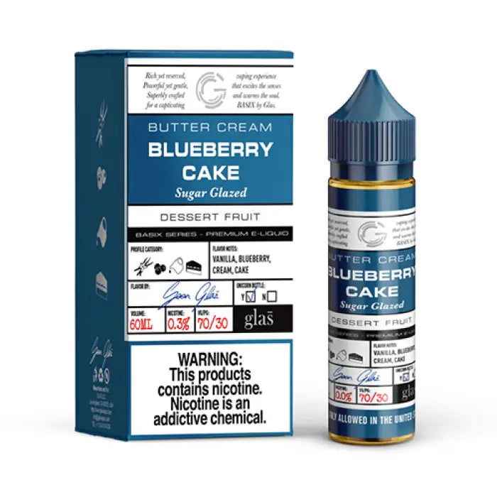 Bottle of blueberry cake flavored e-liquid with its packaging box.