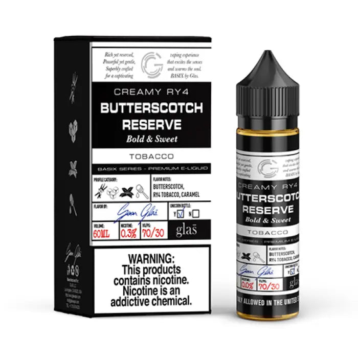 E-liquid bottle and packaging for ’Creamy RY4 Butterscotch Reserve’ tobacco-flavored vape juice.