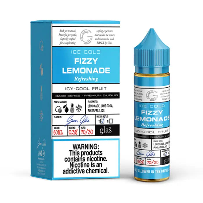 E-liquid bottle and packaging for ’Ice Cold Fizzy Lemonade’ vape juice.