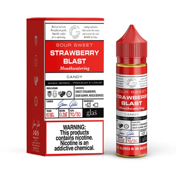 Bottle and packaging for ’Sour Sweet Strawberry Blast’ e-liquid or vape juice.