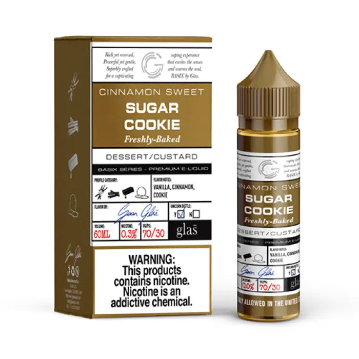 E-liquid bottle and packaging for Cinnamon Sweet Sugar Cookie flavored vape juice.