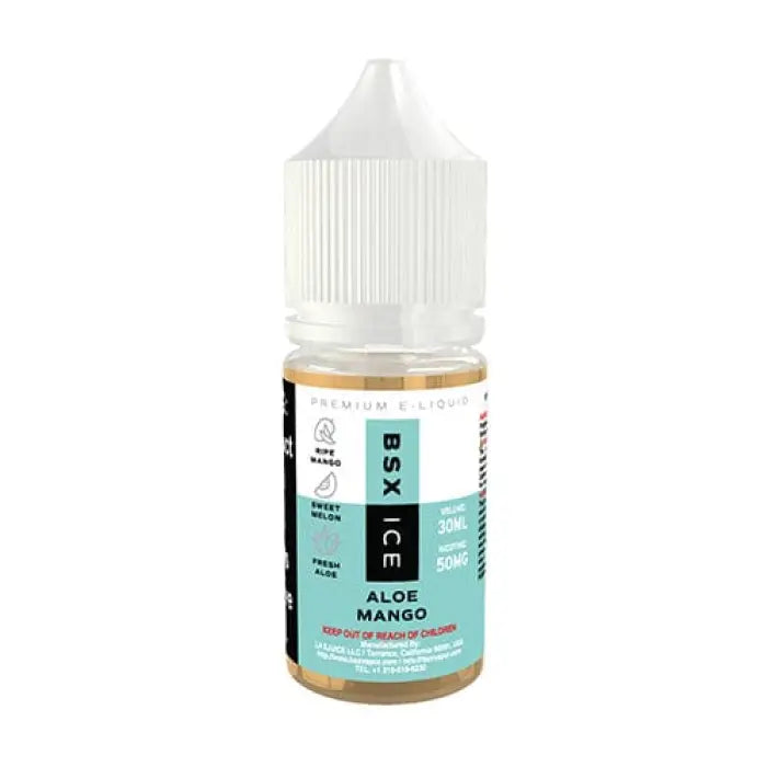 Bottle of BSX Ice Aloe Mango flavored e-liquid for vaping.