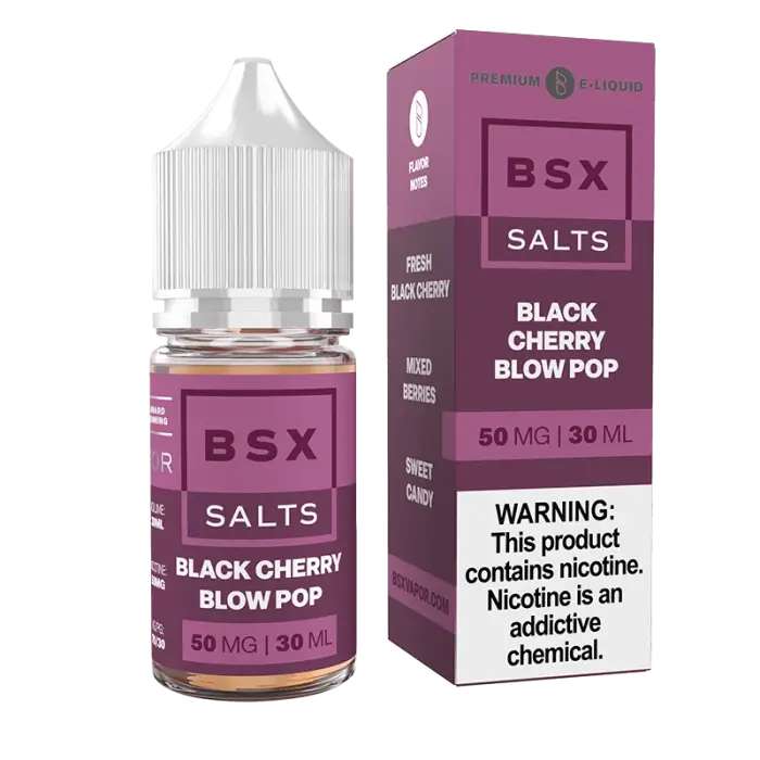 Bottle and packaging of BSX Salts Black Cherry Blow Pop e-liquid containing nicotine.