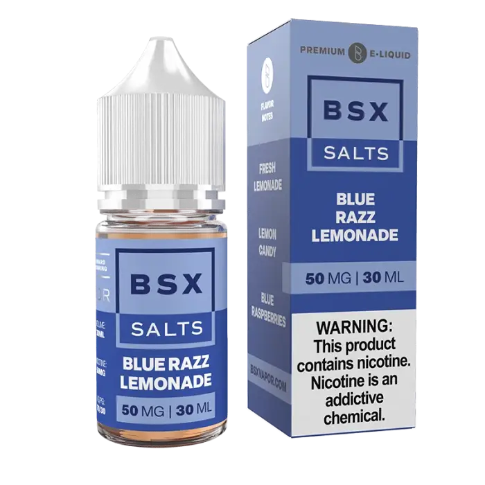 Bottle of BSX Salts Blue Razz Lemonade e-liquid with its product packaging.