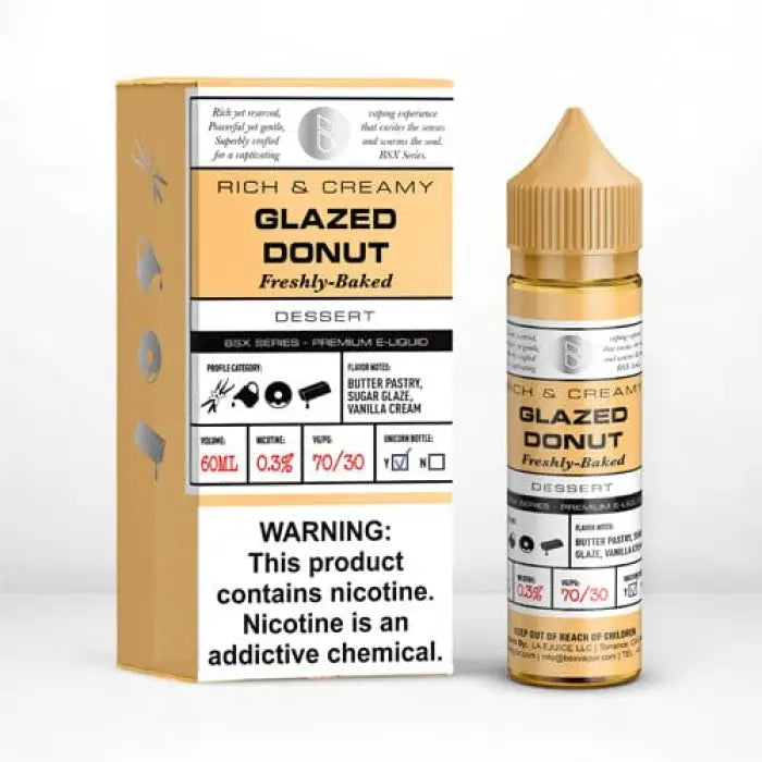 E-liquid bottle and packaging for ’Rich & Creamy Glazed Donut’ flavored vape juice.