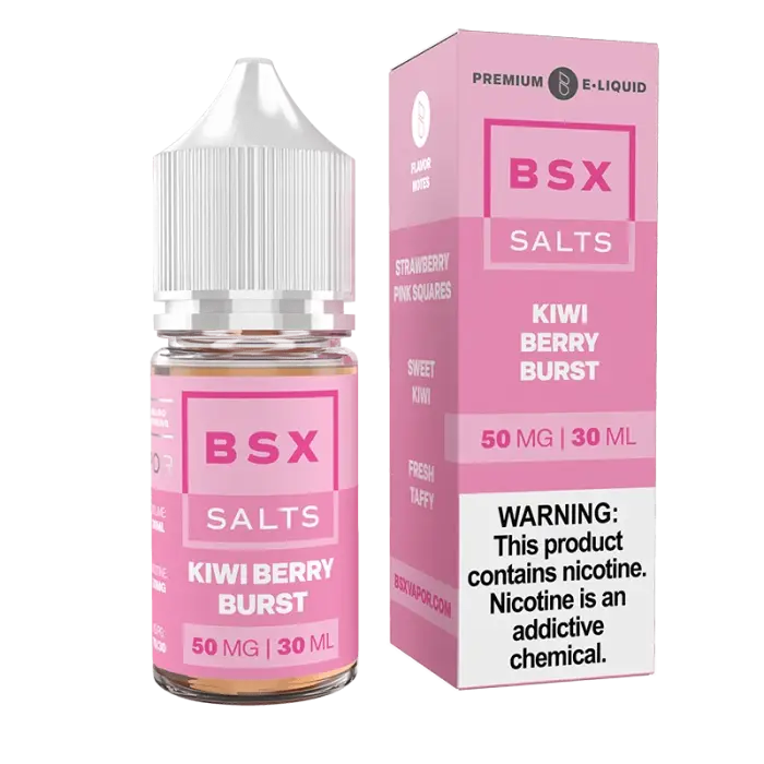 Bottle of BSX Salts e-liquid in Kiwi Berry Burst flavor with its packaging.