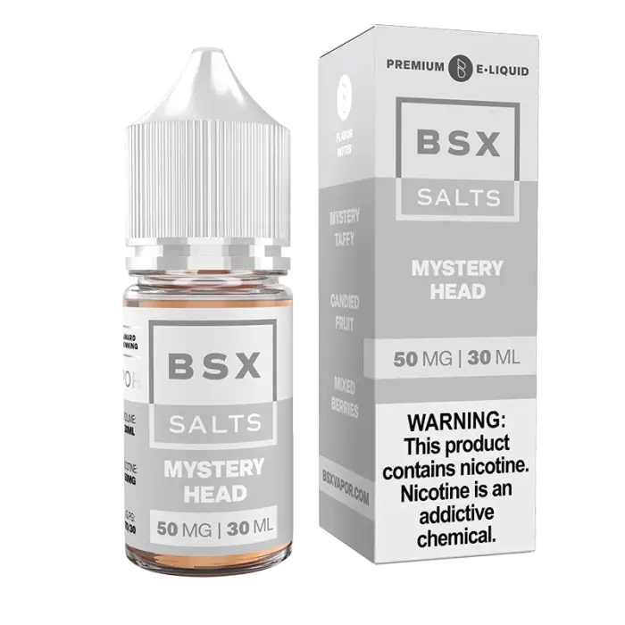 Bottle and packaging of BSX Salts e-liquid in the ’Mystery Head’ flavor.