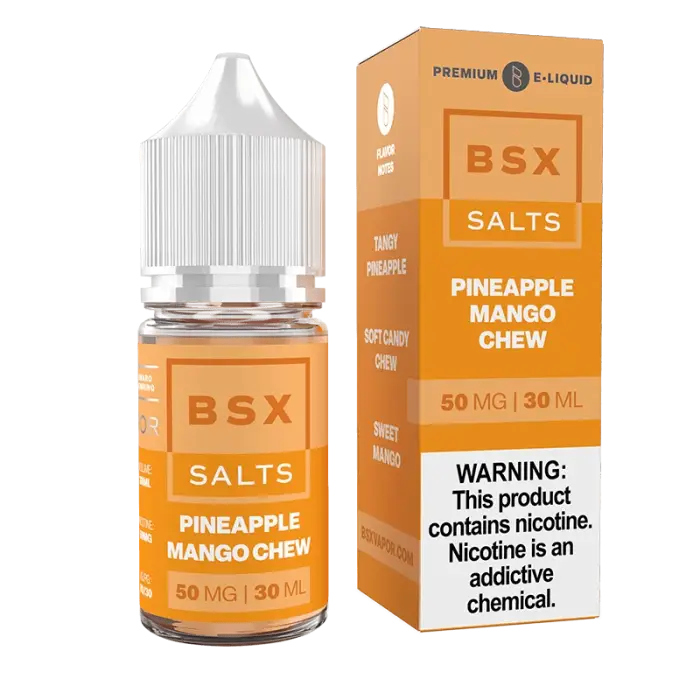 E-liquid bottle and packaging for BSX Salts Pineapple Mango Chew flavor.