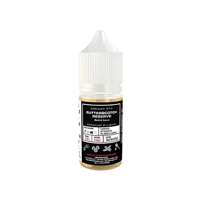 Bottle of e-liquid or vape juice labeled ’Butterscotch Reserve’.