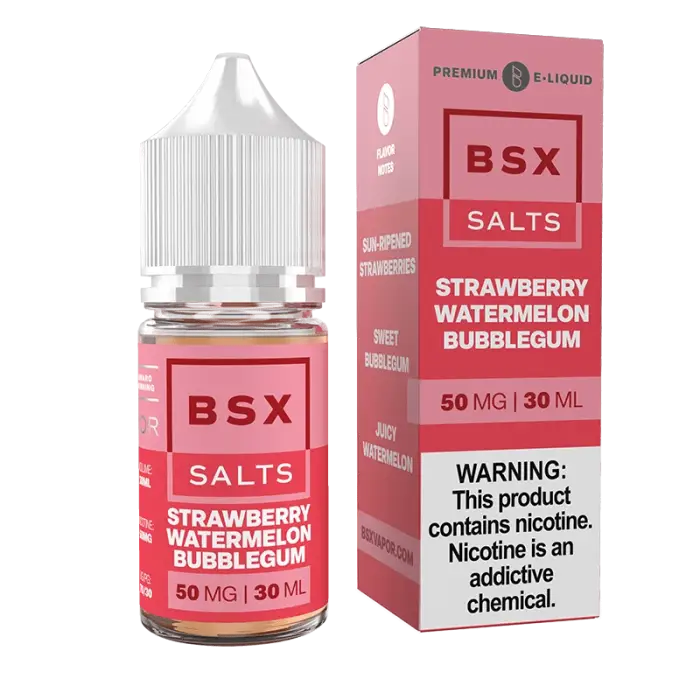 E-liquid bottle and packaging for BSX Salts in Strawberry Watermelon Bubblegum flavor.