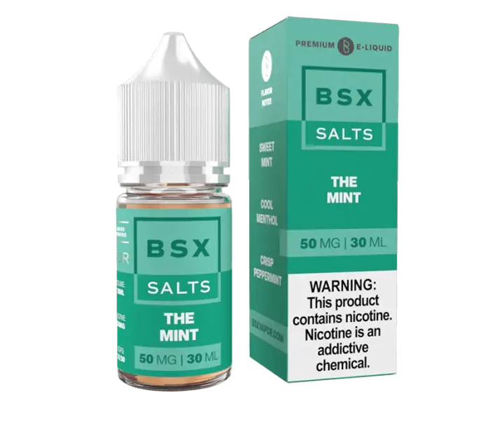 Bottle and packaging of BSX Salts e-liquid in ’The Mint’ flavor.