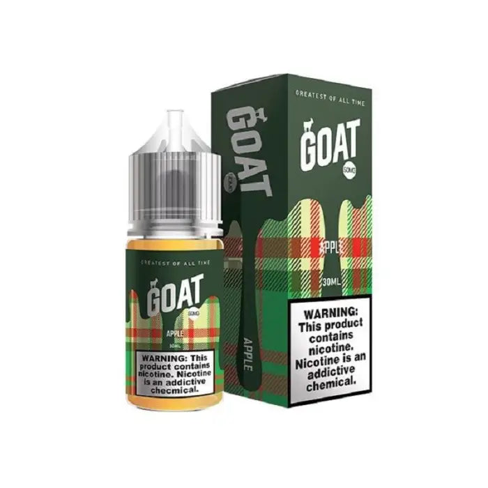 E-liquid bottle and packaging for a vaping product called ’The Goat’ with a green plaid design.