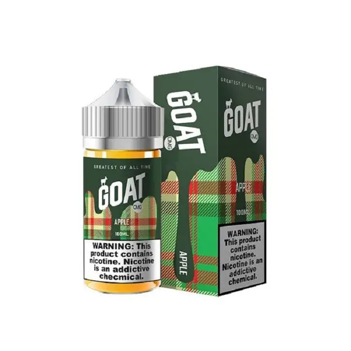 E-liquid bottle and packaging for a vape product called ’The GOAT’ with a plaid design.