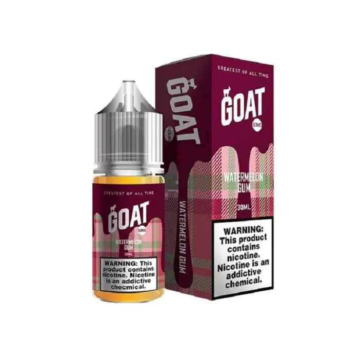 E-liquid bottle and packaging for a vape product called ’The Goat’ in watermelon gum flavor.