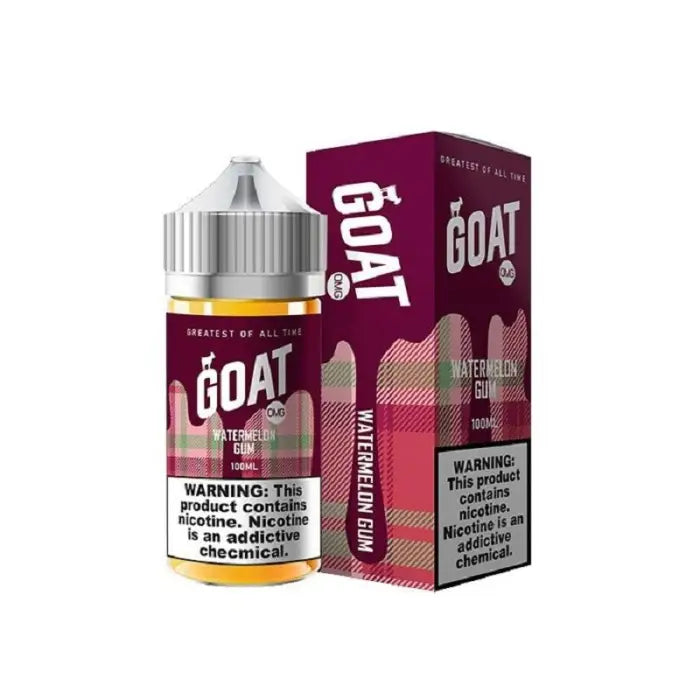 E-liquid bottle and packaging for a vape product called ’The Goat’ in watermelon flavor.