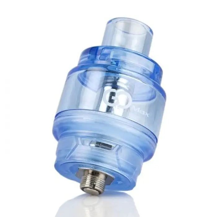 Transparent blue vaping tank or atomizer with a metallic base.