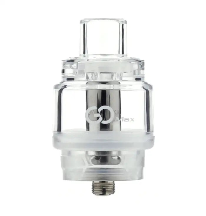 Clear glass and metal vaping atomizer or tank component.