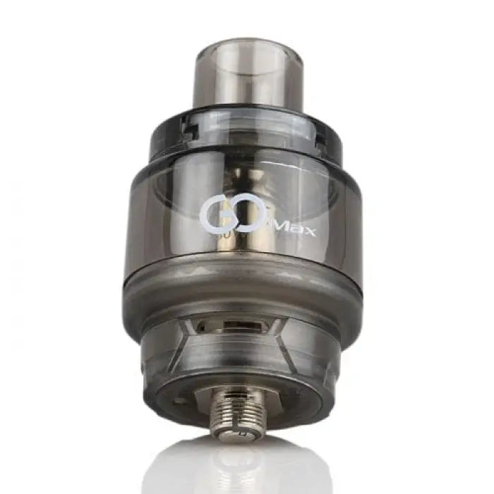 Metallic vaping atomizer or tank with a transparent section and branding visible.