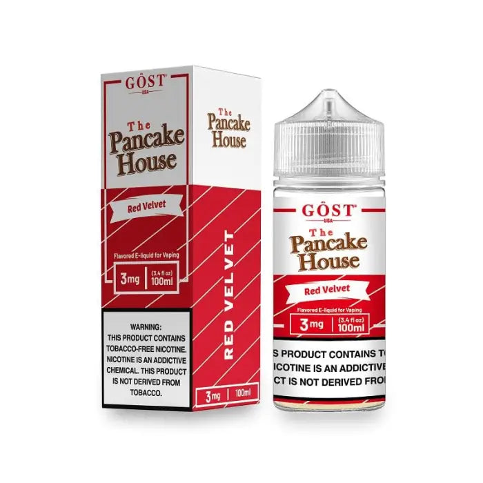 E-liquid bottle and packaging for ’The Pancake House’ Red Velvet flavor by GOST.