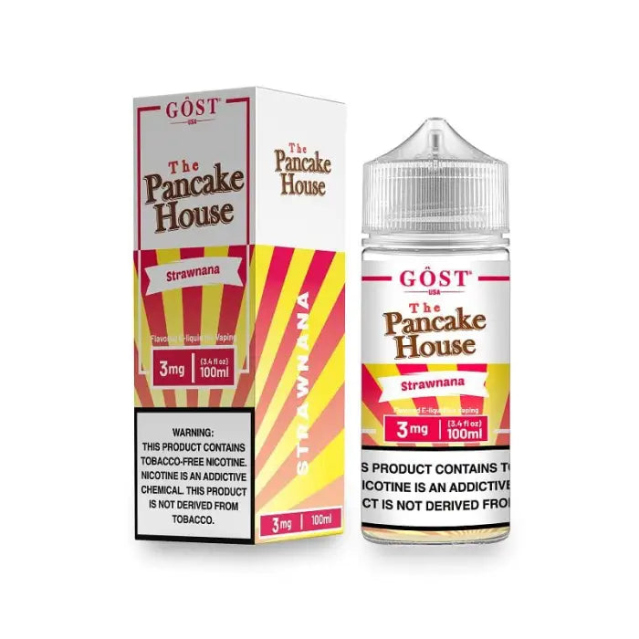 E-liquid bottle and packaging for ’The Pancake House’ strawberry flavor by Gost brand.