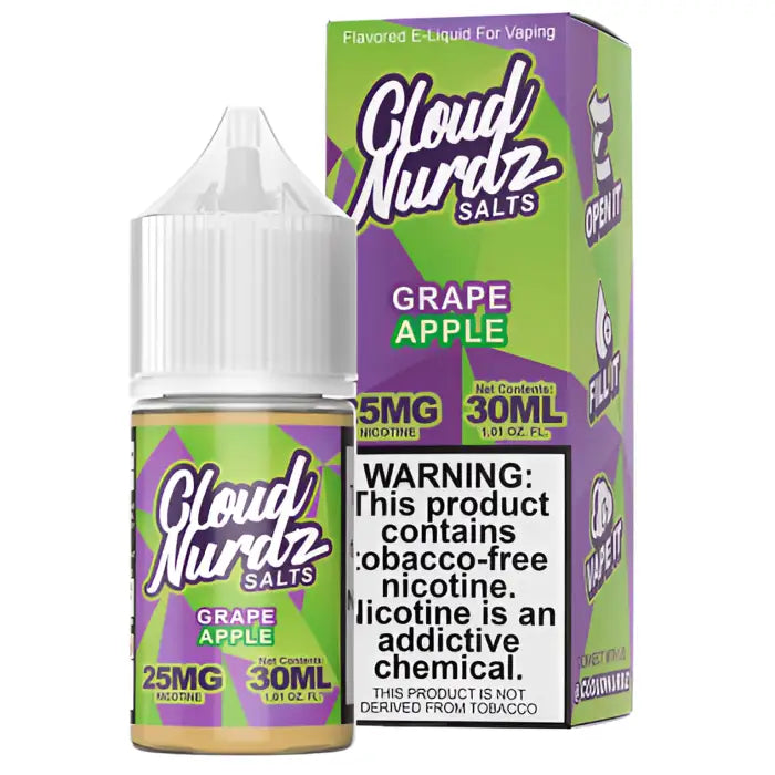 Bottle of grape apple flavored e-liquid for vaping with its product packaging.