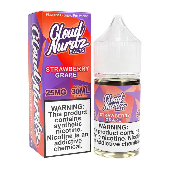 E-liquid bottle and packaging for Cloud Nurdz Salts in Strawberry Grape flavor.