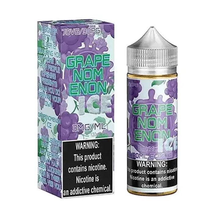 E-liquid bottle and packaging for a grape-flavored vape juice called ’Grape Nom Enom Ice’.