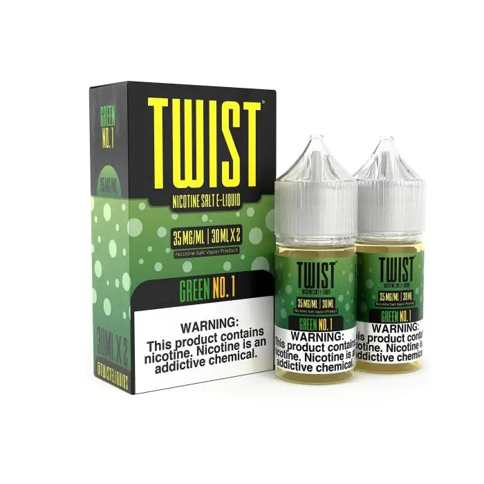 E-liquid product packaging for a brand called ’TWIST’ in green and black colors.