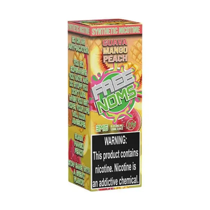 Colorful box for ’Free Noms’ e-liquid in guava mango peach flavor with a nicotine warning label.