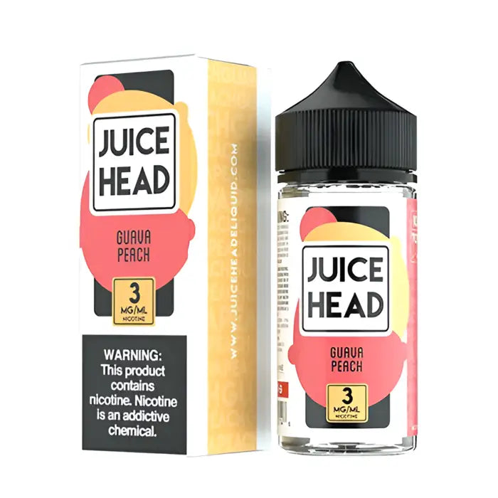 E-liquid bottle and packaging for Juice Head brand in Guava Peach flavor.