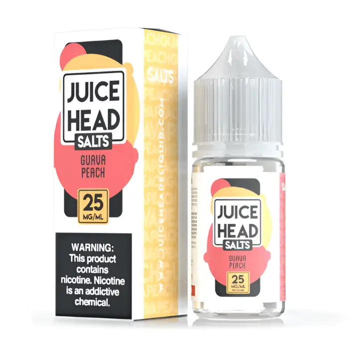 Bottle of Juice Head Salts e-liquid in Guava Peach flavor with 25mg nicotine strength.