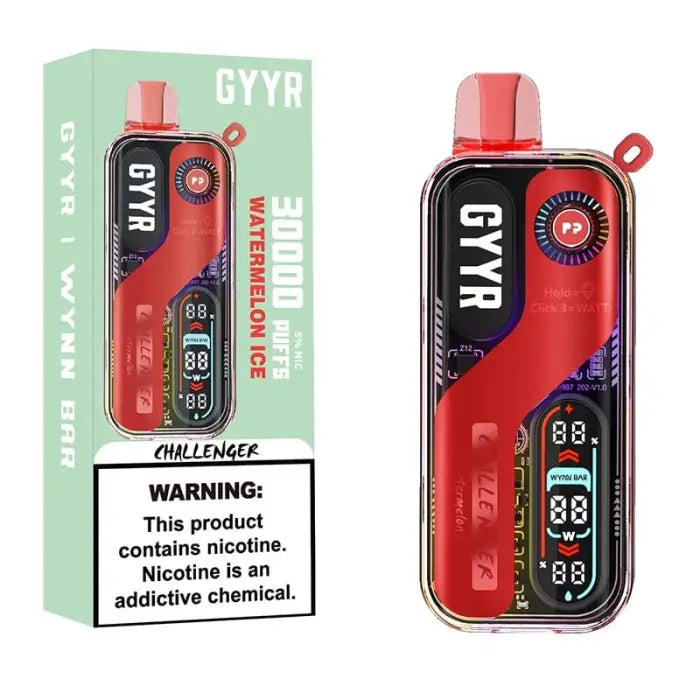 Electronic vaping device with a red and black design featuring a digital display.