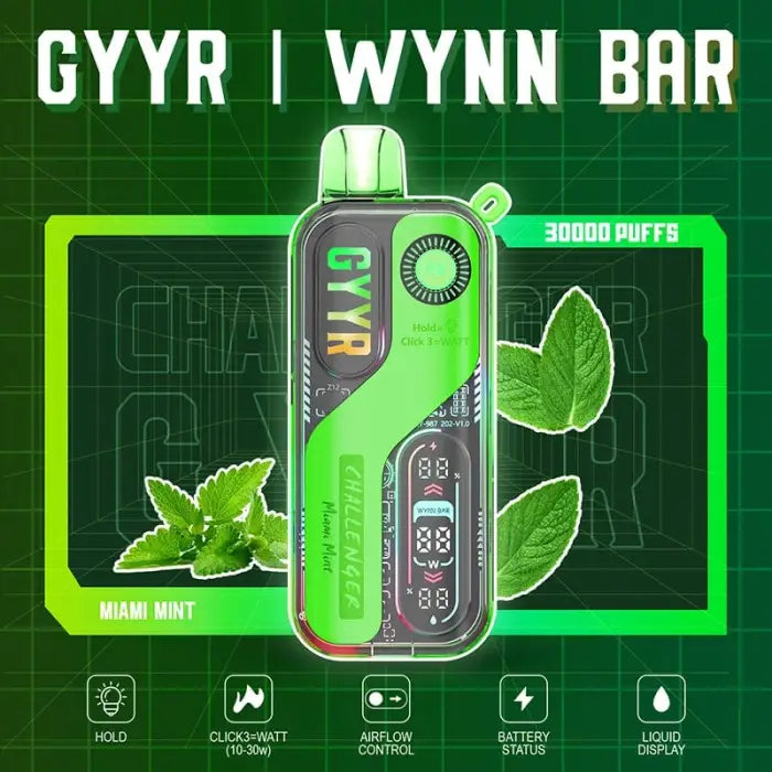 Electronic vaping device with a green and black design featuring ’GYYR’ branding and a digital display.