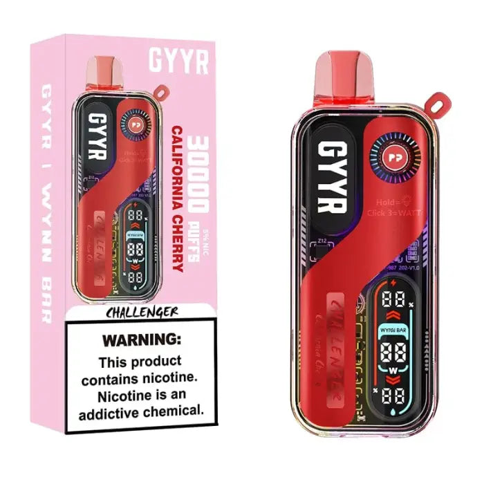 Electronic vaping device with a digital display in red and black casing, shown with its packaging.