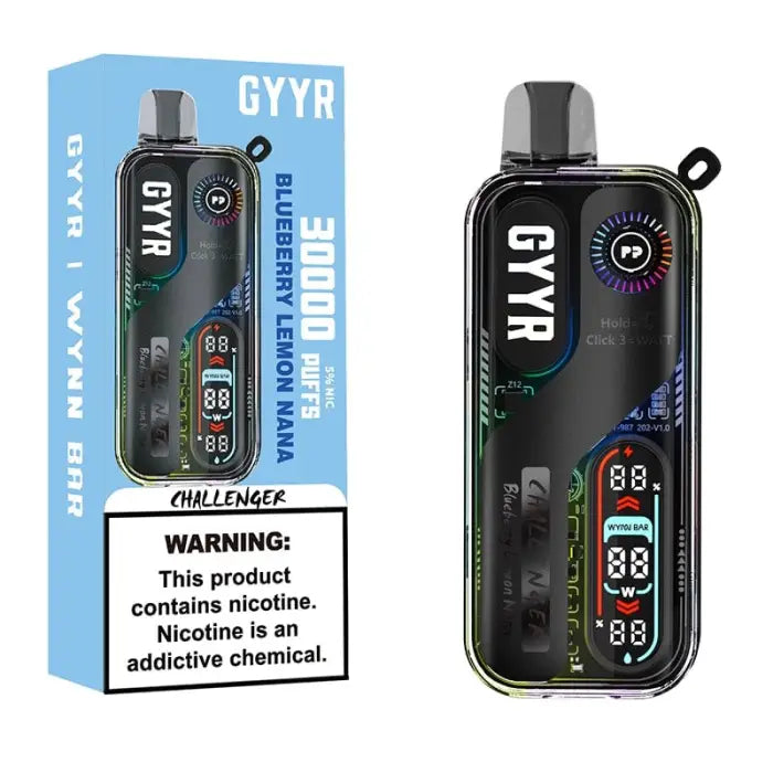 Electronic vaping device with a digital display and colorful LED lights.