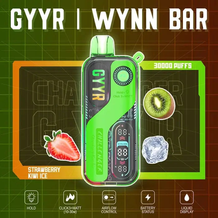 Bright green electronic vaping device with a digital display and ’GYYR’ branding.