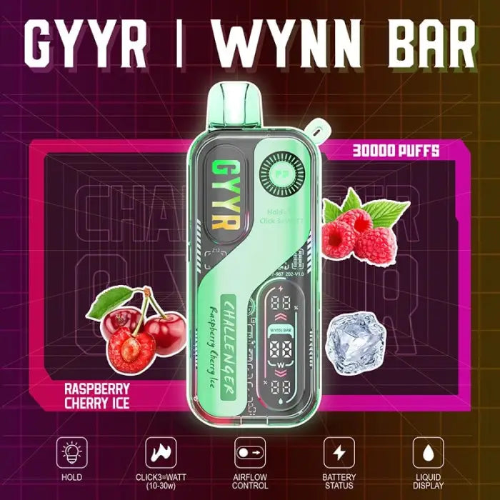 Disposable vape device with ’GYYR’ branding and raspberry cherry ice flavor.