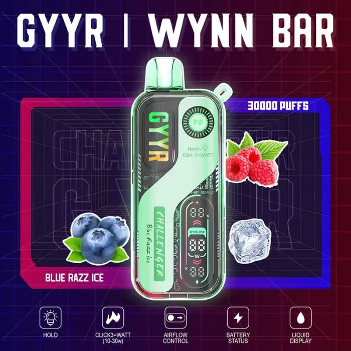 Disposable vape device with a digital display showing ’GYYR’ branding and fruit flavors.