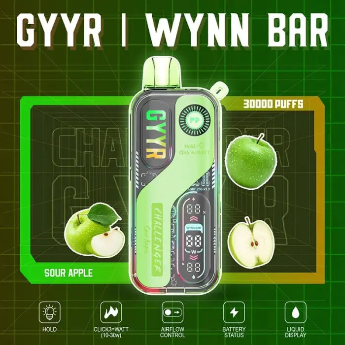 Disposable vape device with ’GYYR’ branding and sour apple flavor.