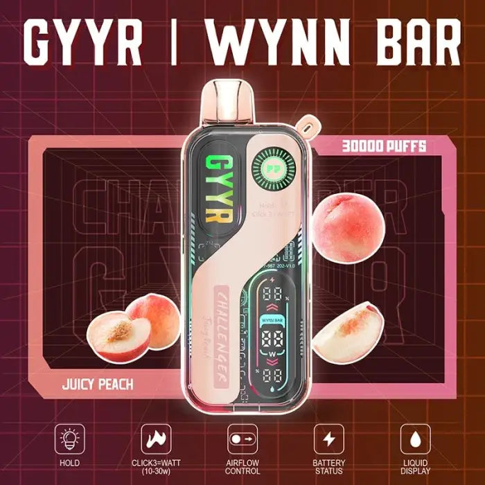 Disposable vape device with ’GYYR’ branding and peach flavor imagery.