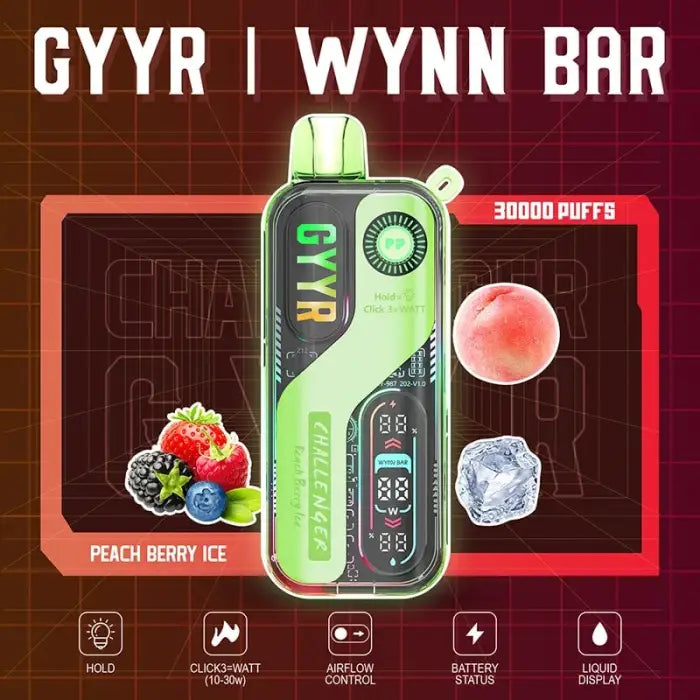 Green electronic vaping device with a digital display and ’GYYR’ branding.