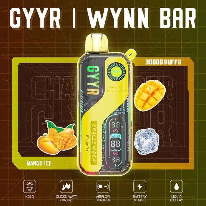 Disposable vape device with a yellow and green design featuring ’GYYR’ branding and mango ice flavor.