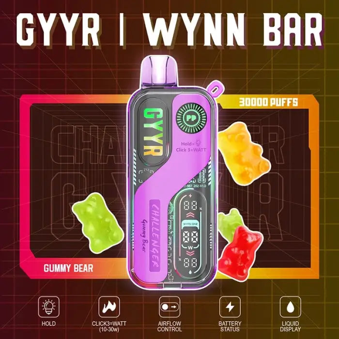 Purple and green disposable vape device with a digital display and ’GYYR’ branding.