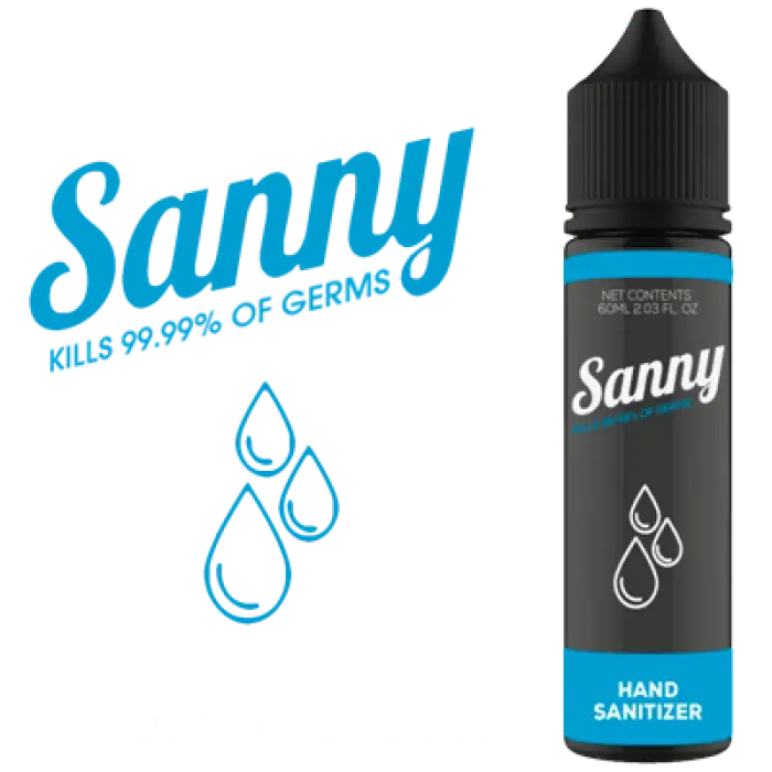 Bottle of Sanny hand sanitizer with blue and white branding.