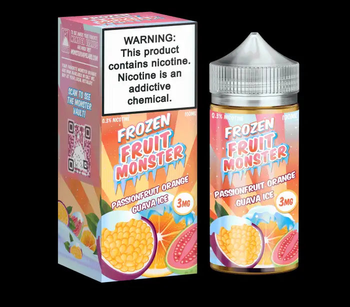 E-liquid bottle and packaging for a ’Frozen Fruit Monster’ vape juice flavor.