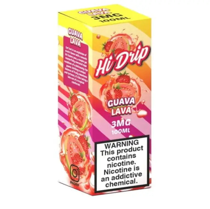 Colorful box for ’Hi Drip’ guava lava flavored e-liquid containing nicotine.