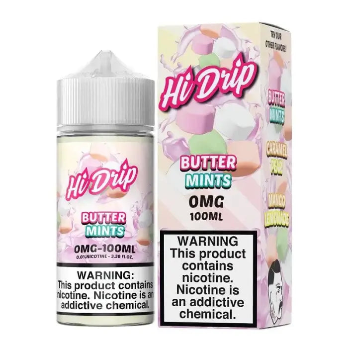 Bottle of e-liquid labeled ’Hi Drip Butter Mints’ with its packaging box.